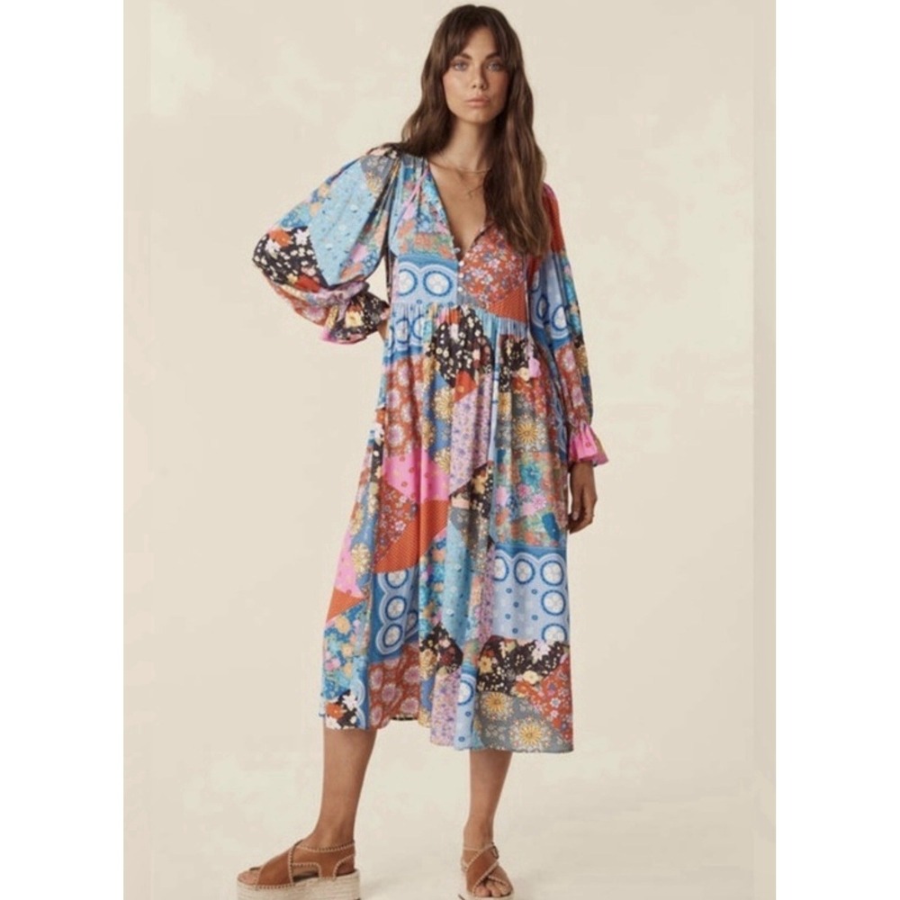 SPELL & THE GYPSY Cha Cha Patchwork Midi Dress Boho size M Jewel Colorway